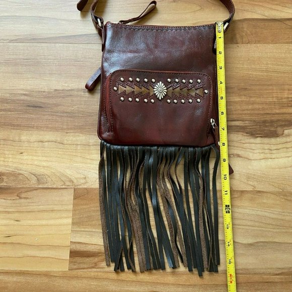 American West Leather Crossbody Handbag Fringe Western Burgundy Studded - Picture 12 of 12